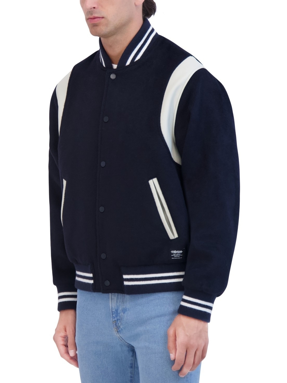 Hudson Men's Varsity Jacket with Faux Leather Trim - Navy